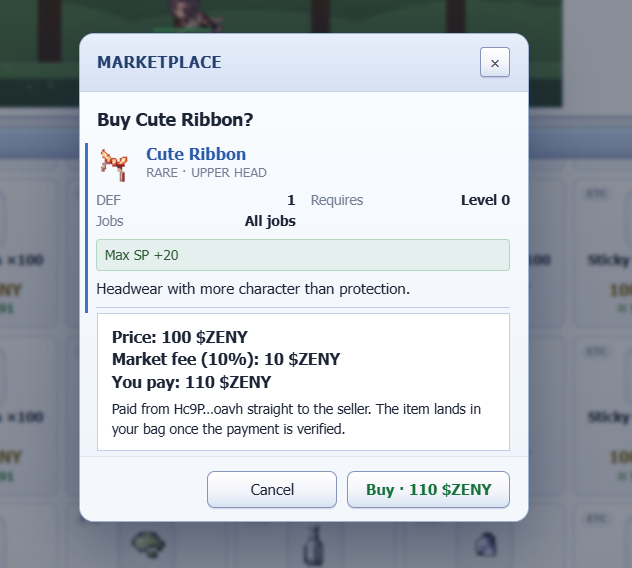 Mboh44840532's tweet photo. I’m looking to buy this Cute Ribbon from the marketplace in @IdleROGame! The +20 Max SP bonus looks useful for my character, and 110 ZENY including the market fee seems like a pretty good deal. #IdleRO https://t.co/bgojCcA1wJ