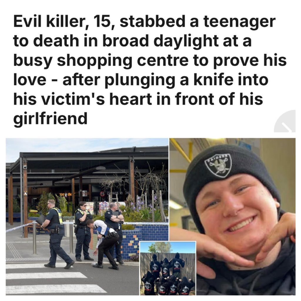 TruthFairy131's tweet photo. Evil Afghan migrant killer, 15, stabbed an Aussie teenager to death in broad daylight at a busy MELBOURNE shopping centre to prove his love - after plunging a knife into his victim's heart in front of his girlfriend. 

How many of our Nations sons & daughters are Aussies willing to sacrifice to third world Multiculturalism? 

We cannot coexist with savages.