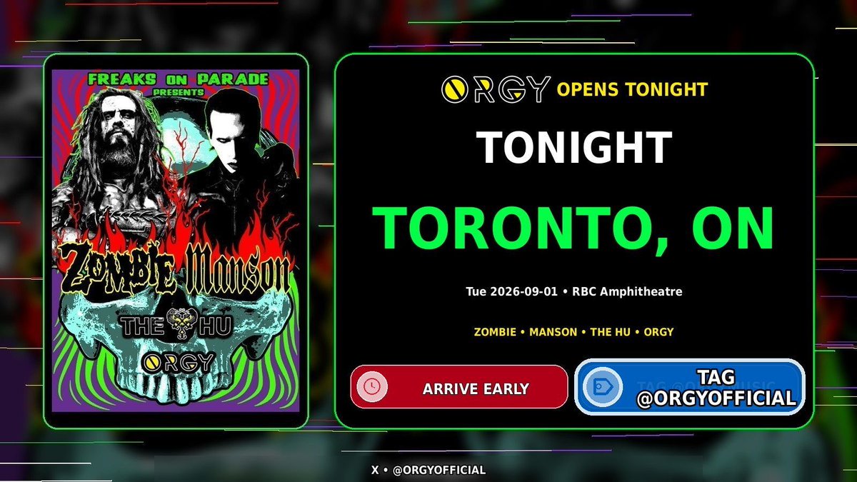 OrgyOfficial's tweet photo. Toronto, ON tonight!!!!!! Let's do it! Zombie, Manson, The Hu, &amp; Orgy. Orgy opens at RBC Amphitheatre. Get there early.

Tickets: https://t.co/02AiPXjRHD

VIP: https://t.co/2VUA0ovKmb
Tag @OrgyOfficial for reposts. 

#OrgyOfficial #RobZombie #MarilynManson #TheHu #FreaksOnParade https://t.co/iMaJRaXfkO