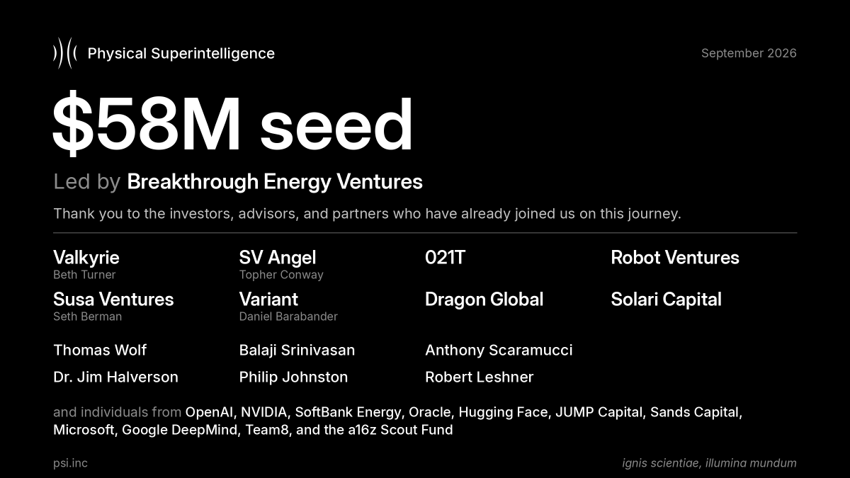 matthew_pines's tweet photo. I started Physical Superintelligence (PSI) with @alexwg and @aklokus on one conviction: our twenty-first-century civilization runs on twentieth-century physics, and AI can change that.

Today I'm excited to announce our $58M seed led by @Breakthrough to build the world's most advanced physics research lab, engineering physical systems beyond human design and discovering new physical laws of our universe for broad public benefit.

I'm grateful to my technical leadership (@aleMorari), our world-class team, and everyone who believed early.

Come ignite the physics takeoff with us: https://t.co/VMONFCheRd