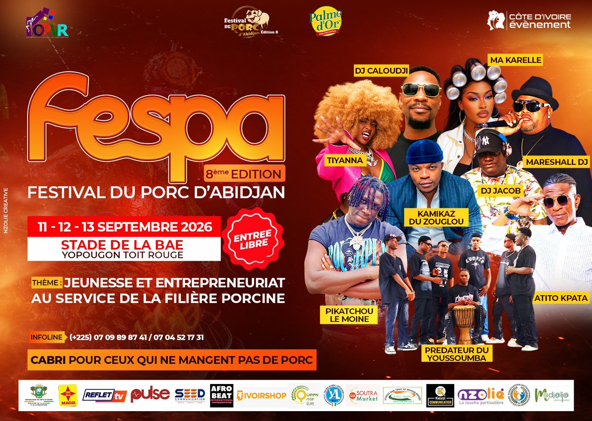 reflettvci's tweet photo. 🐷🎉 LE PORCODJO EST DE RETOUR !
Du 11 au 13 septembre 2026, rendez-vous à Yopougon Toit Rouge, Place BAE, pour la 8ᵉ édition du Festival du Porc d’Abidjan !
🎟️Entrée gratuite !
🌎 TV d’Orange | Canal 337 | Free n°437 | https://t.co/2GwR6RPlUD
#notretélé #REFLETTV https://t.co/cGA9r7LI4k