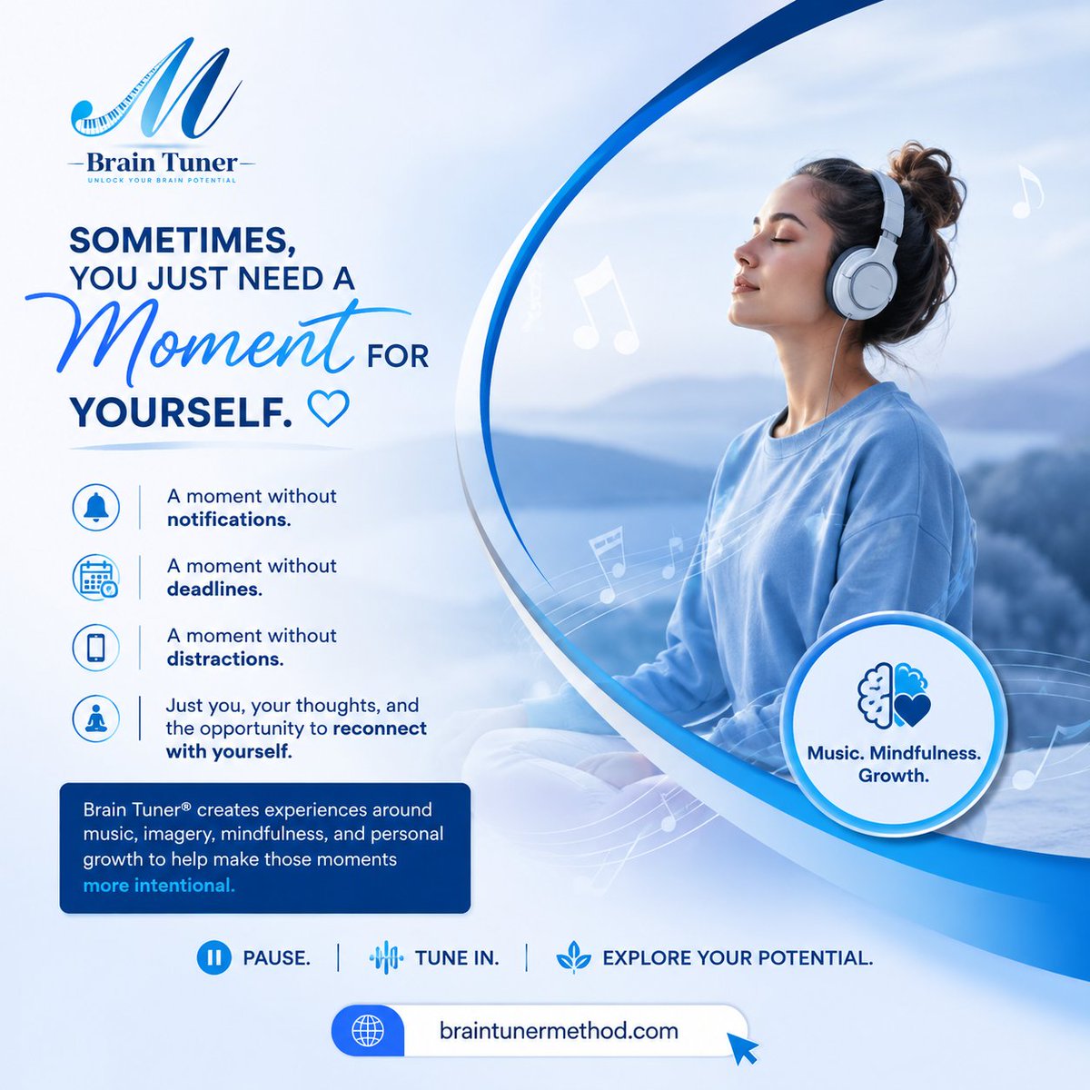 BrainTuneMethod's tweet photo. 💙 Sometimes, You Just Need a Moment.

No notifications.
No deadlines.
No distractions.

Just pause, breathe, and reconnect with yourself.

Brain Tuner® combines music, imagery, mindfulness, and personal growth.

🌐 https://t.co/HWr7KTc3ka

#Mindfulness #SelfCare #MentalWellness https://t.co/UD31z9gOXY