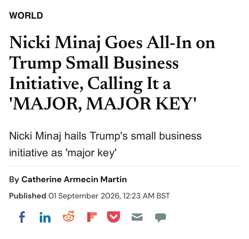 FeelTheBass86's tweet photo. In a new article, International Business Times UK tapped into the Trump Administration’s Patriot Pitch Competition and highlighted @NICKIMINAJ’s position as a judge

“Minaj's continued visibility within Trump's orbit shows no signs of slowing down”

Read here: https://t.co/nIBgsD0AHB