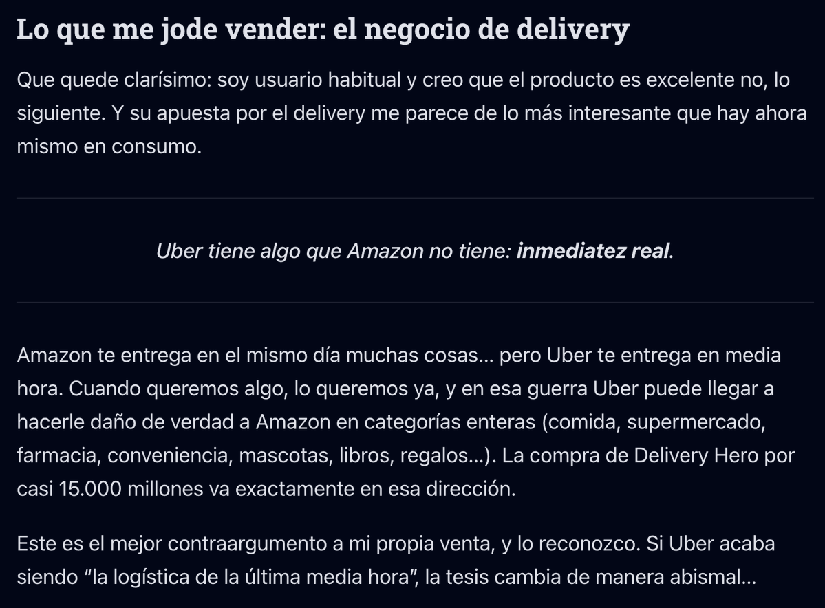 ivanectus's tweet photo. Vendí $UBER por las razones que hemos hablado varias veces pero hay algo por lo que me jodió hacerlo que lo he comentado por aquí también: el Delivery

Si hace una escisión y saca este negocio fuera, lo compraría. Estando unido a movilidad NO https://t.co/vzni4Bdfny