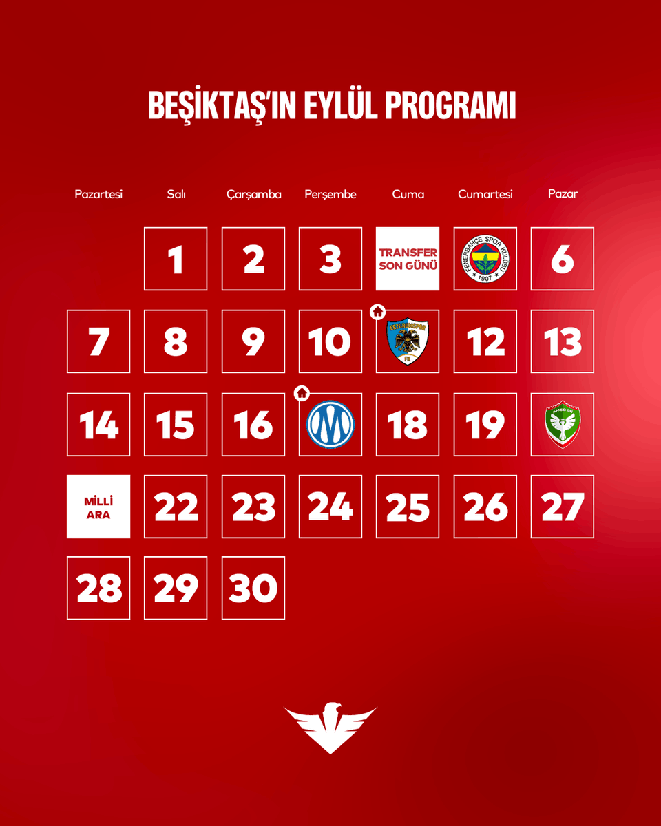 HaberKartali's tweet photo. 🗓️ Beşiktaş'ın Eylül programı. https://t.co/KPSIykcLUy