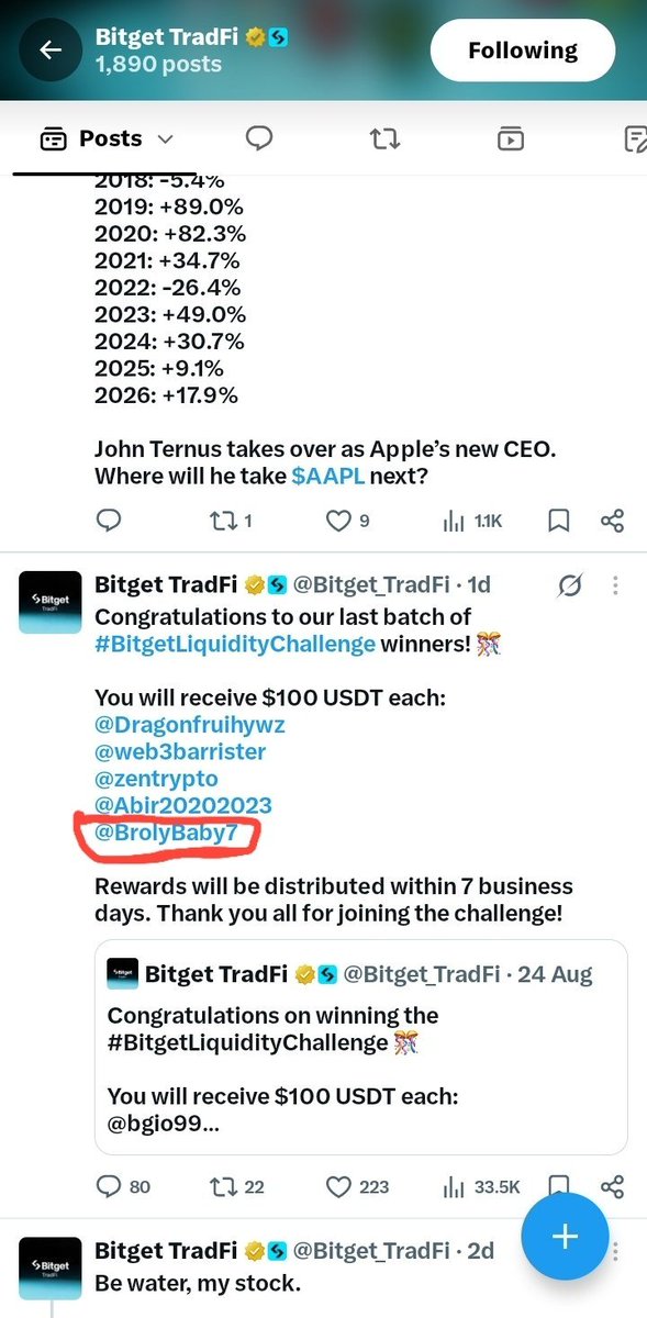 Rabnaapaul's tweet photo. @Bitget_TradFi @Dragonfruihywz @web3barrister @zentrypto @Abir20202023 @BrolyBaby7 @Bitget_TradFi you have chosen @brolyBaby7 as winners of this same event twice. 

@brolybaby7 won 17 August &amp; this week in this same event

Here is screenshot proof he won twice

We join regularly where we can't win even once 😭😭

@BitgetSupport https://t.co/dbF4KUhuXI