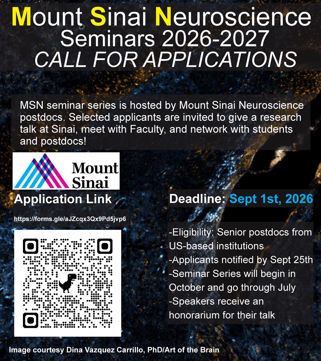 SinaiBrain's tweet photo. DEADLINE TODAY | SEPT 1! Senior #Postdocs in all fields of #Neuroscience are encouraged to apply for INCREDIBLE OPPORTUNITY to present your research at #MSNseminars, visit @IcahnMountSinai &amp; meet w/ faculty/trainees! APPLY NOW 👉 https://t.co/050Vbd05bF or use QR code on flyer! https://t.co/xoc2SmgR2f
