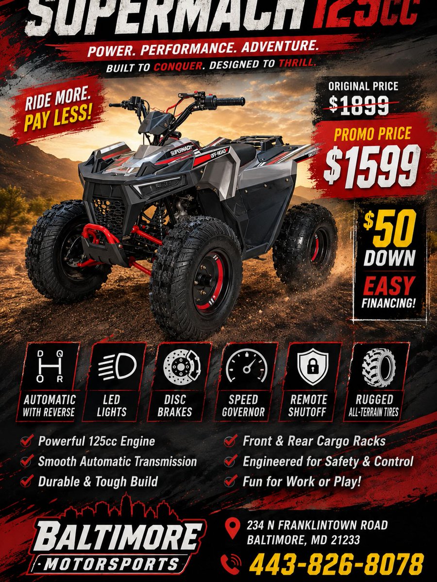 IvanaPursel's tweet photo. SuperMach 125cc ATV for only $1, 599, reduced from $1, 899. Pay just $50 down with financing available. Automatic transmission, reverse, LED lights, disc brakes, safety features, cargo racks and off-road tires. Limited inventory. https://t.co/5s83Qq8ZUJ