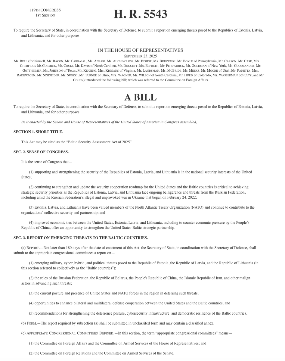 ralexdc's tweet photo. NEW!!  The Baltic Security Assessment Act has hit 100 House cosponsors, with Texas GOP Rep. Roger Williams the latest to sign on

The bill would require DoS and Pentagon to assess military, cyber and other threats facing the Baltic states, including from Russia, Belarus, China and Iran.

It cleared House Foreign Affairs 41-3 in April.