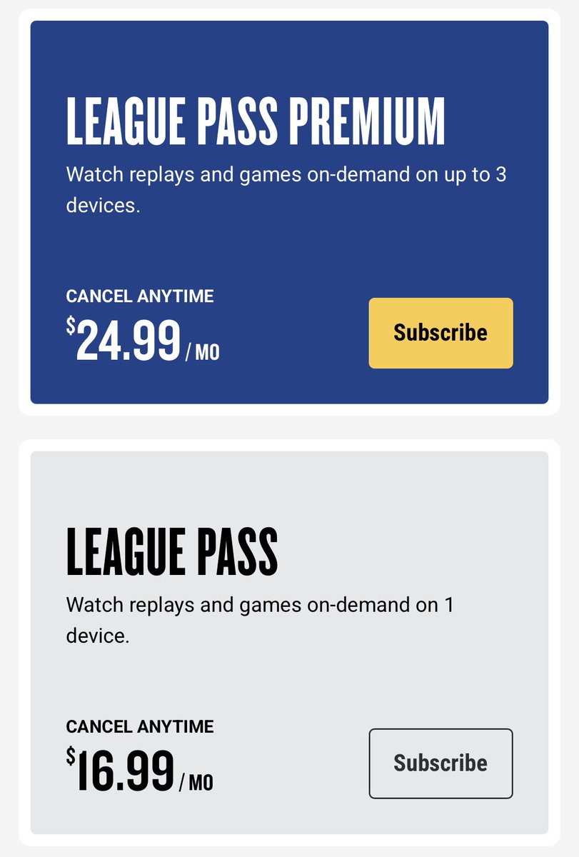 TheCavsJack's tweet photo. At face value, it’s cool to have Cavs basketball in one central location.

HOWEVER, a basic League Pass subscription now costs less than the basic Cavs monthly subscription.

Even adding up the total of the basic League Pass subscription (17 x 7) comes out to less than the basic Cavs season pass.

It’s now cheaper for out-of-market fans than in-market fans to watch the Cavs. Of course, the Cavs remain blacked out on League Pass for everyone in the region.