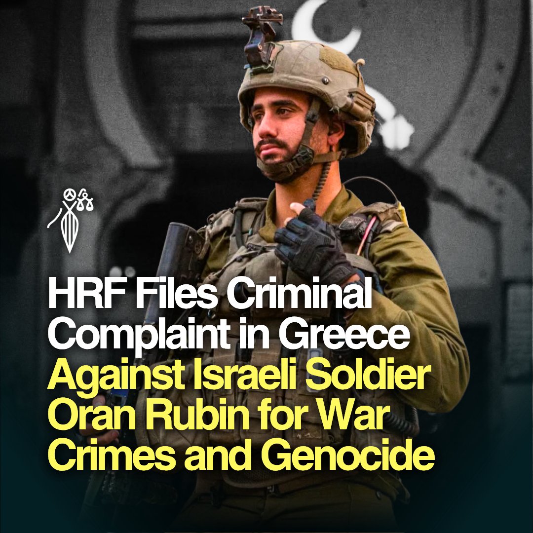 HindRFoundation's tweet photo. 🚨🇬🇷 The #HindRajabFoundation has filed a criminal complaint in Greece against Israeli soldier Oran Rubin, currently in Athens, over alleged war crimes and genocide committed in Gaza. Rubin served with the 424th “Shaked” Battalion of the Givati Brigade.
➡️ More → https://t.co/HlcbxeSCWY