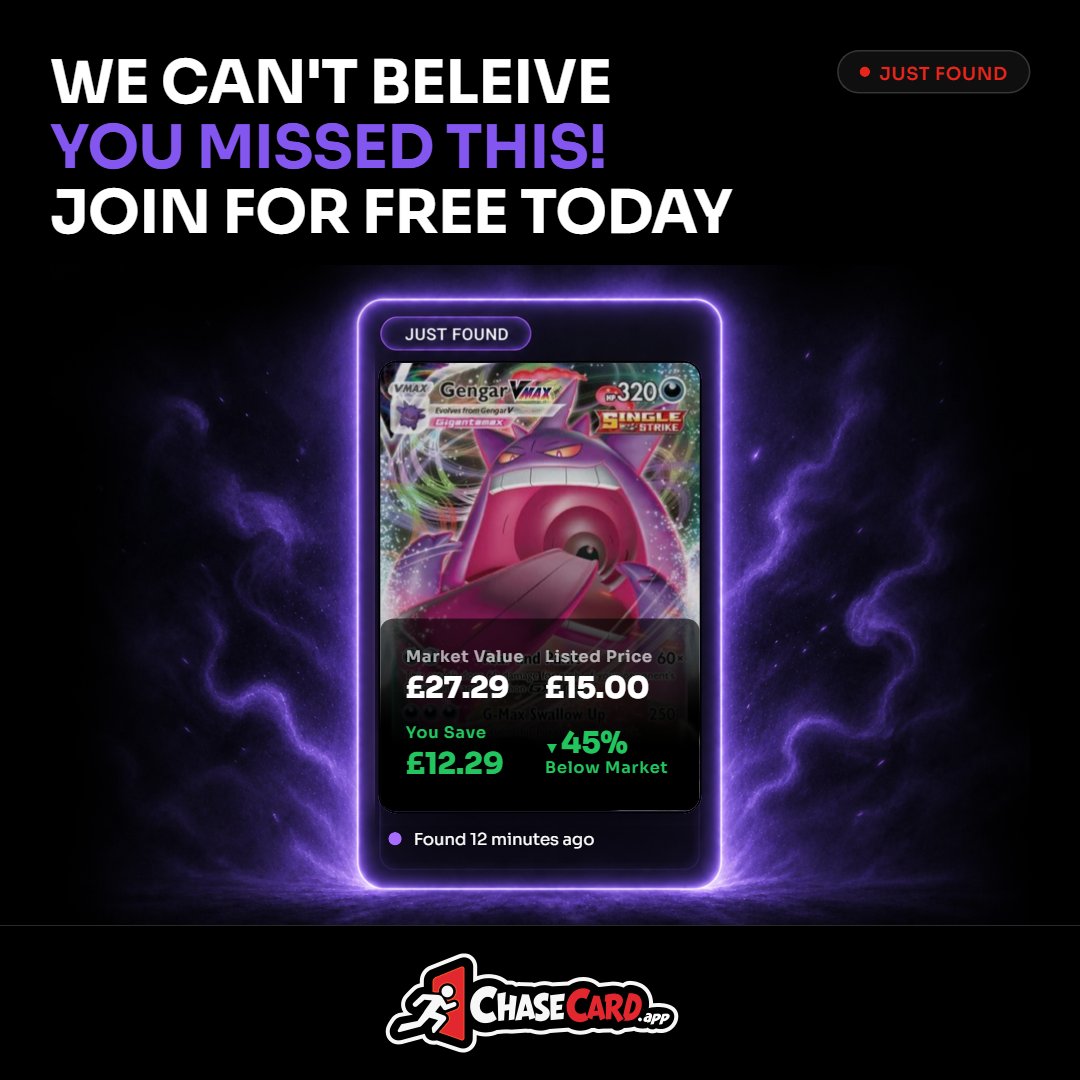 ChaseCardApp's tweet photo. Just found: Gengar VMAX for £15.00 — 45% below market! 🔥

Find your next grail: https://t.co/EAJoTNc9n2

#PokemonTCG #ChaseCardApp #PokemonCards #TCGCommunity #CardCollector https://t.co/oVR5Zu6JMh