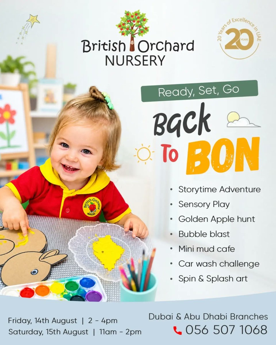 cathita98's tweet photo. Ready, Set, Go... Back to BON! Join us for two days of play, discovery and hands-on learning at British Orchard Nursery. Storytime, sensory play, bubble blasts, creative art and more await little ones. 14-15 August
Dubai, Sharjah and Abu Dhabi https://t.co/tCAXn4NOy6