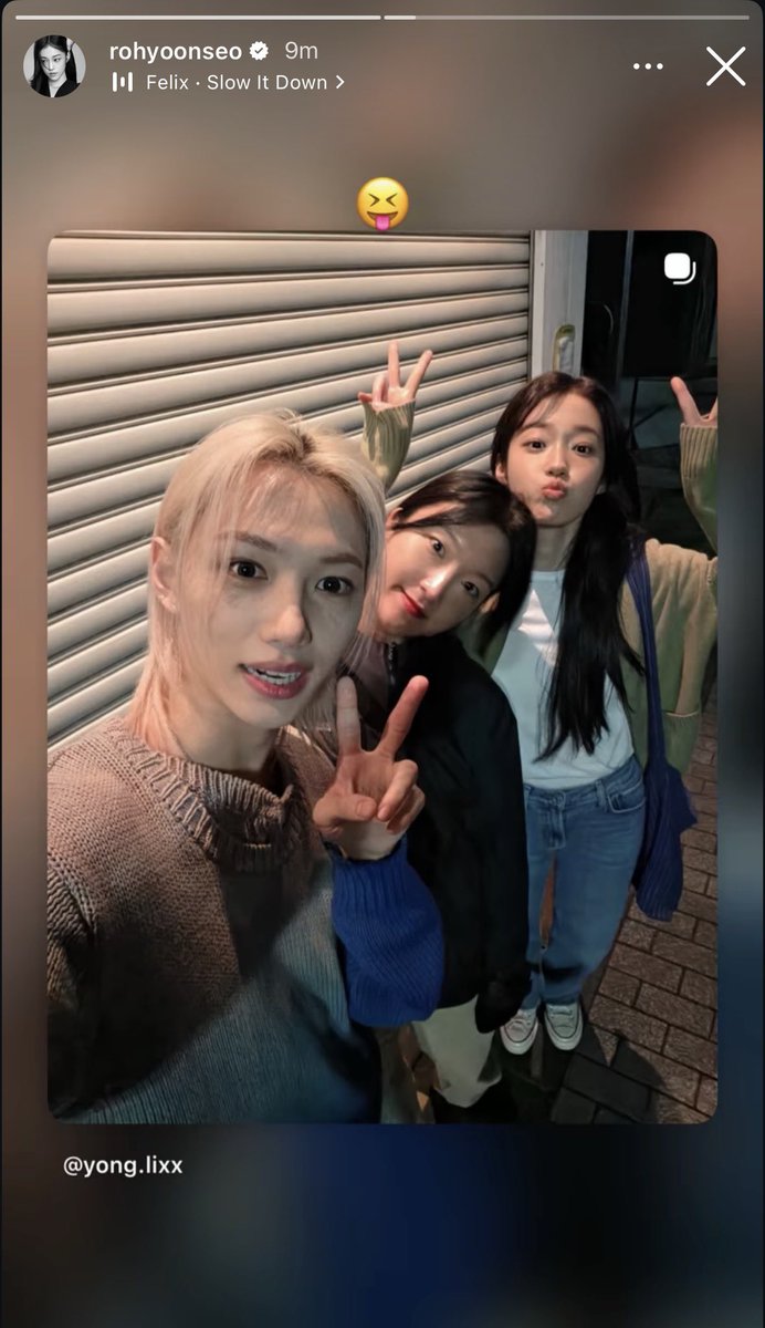 felixssource's tweet photo. Roh Yoon-seo’s IG Story update:

“😝”

She also added #FELIX’s “Slow It Down” to her story https://t.co/NpRefUQnmX