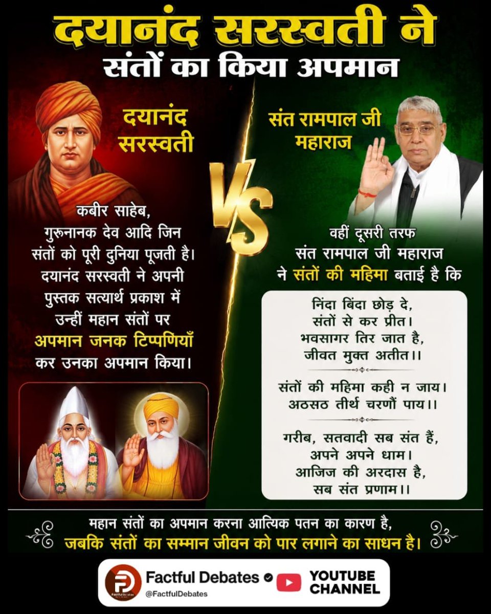 ManojKumar0q7g's tweet photo. #संतरामपालजी_Vs_महर्षिदयानंद

Factful Debates YouTube Channel
♦️ दयानंद सरस्वती ने संतों का किया अपमान

कबीर साहेब, गुरुनानक देव आदि जिन संतों को पूरी दुनिया पूजती है। दयानंद सरस्वती ने अपनी पुस्तक सत्यार्थ प्रकाश में उन्हीं महान संतों पर अपमान जनक टिप्पणियाँ कर उनका अपमान किया। https://t.co/buY1RD9pP4