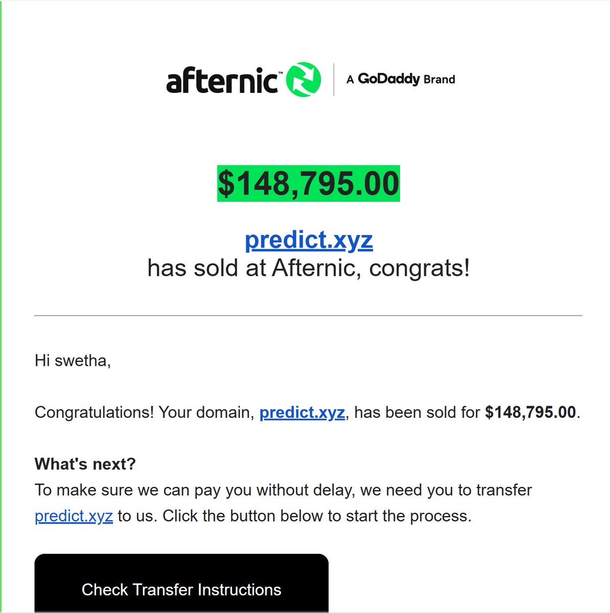 swethayenugula's tweet photo. Sold via @afternic  while using @spaceship  landers, resulting in a 30% commission charge.
Thanks @afternic 
#domain #domains https://t.co/XXnR9XbrWw