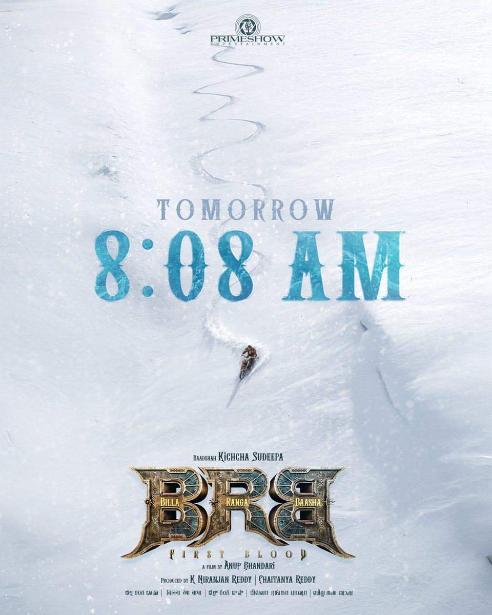 Chaitanyaniran's tweet photo. The royal celebrations are about to begin for the Baadshah @KicchaSudeep ❤️‍🔥

#BillaRangaBaasha Special Birthday Poster TOMORROW, September 2nd at 8:08 AM 💥💥💥

#BRBFirstBlood #BRB
@anupsbhandari @Niran_Reddy @Chaitanyaniran @Primeshowtweets @brbmovie https://t.co/Mf7Y6wN1vp