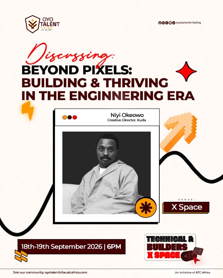 Oyotalenttribe's tweet photo. We're excited to have Niyi Okeowo joining our September X Space

@niyiokeowo is a Nigerian visual artist, designer and creative director whose work spans music, digital art, film, fashion and technology.

Date: 18 September 2026
Time: 6PM WAT
 📍 X Space

#XSpace #oyotalenttribe https://t.co/ZHrXd706oa