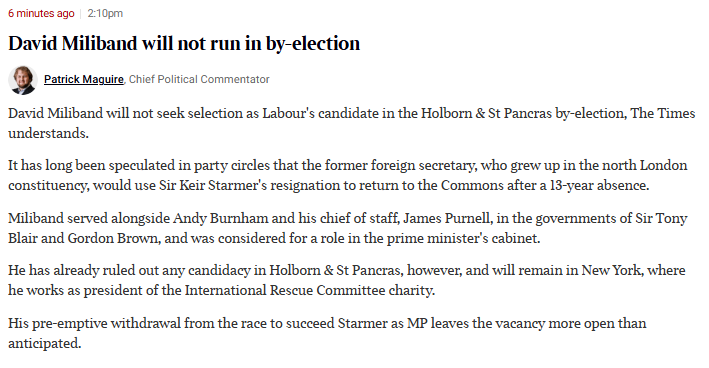 patrickkmaguire's tweet photo. EXC: David Miliband will not stand in Holborn and St Pancras, I am told. Had been widely expected in Labour circles that he might seek a return to British politics in his home constituency. https://t.co/98e0B3Mnvu https://t.co/AghdCXeWLl