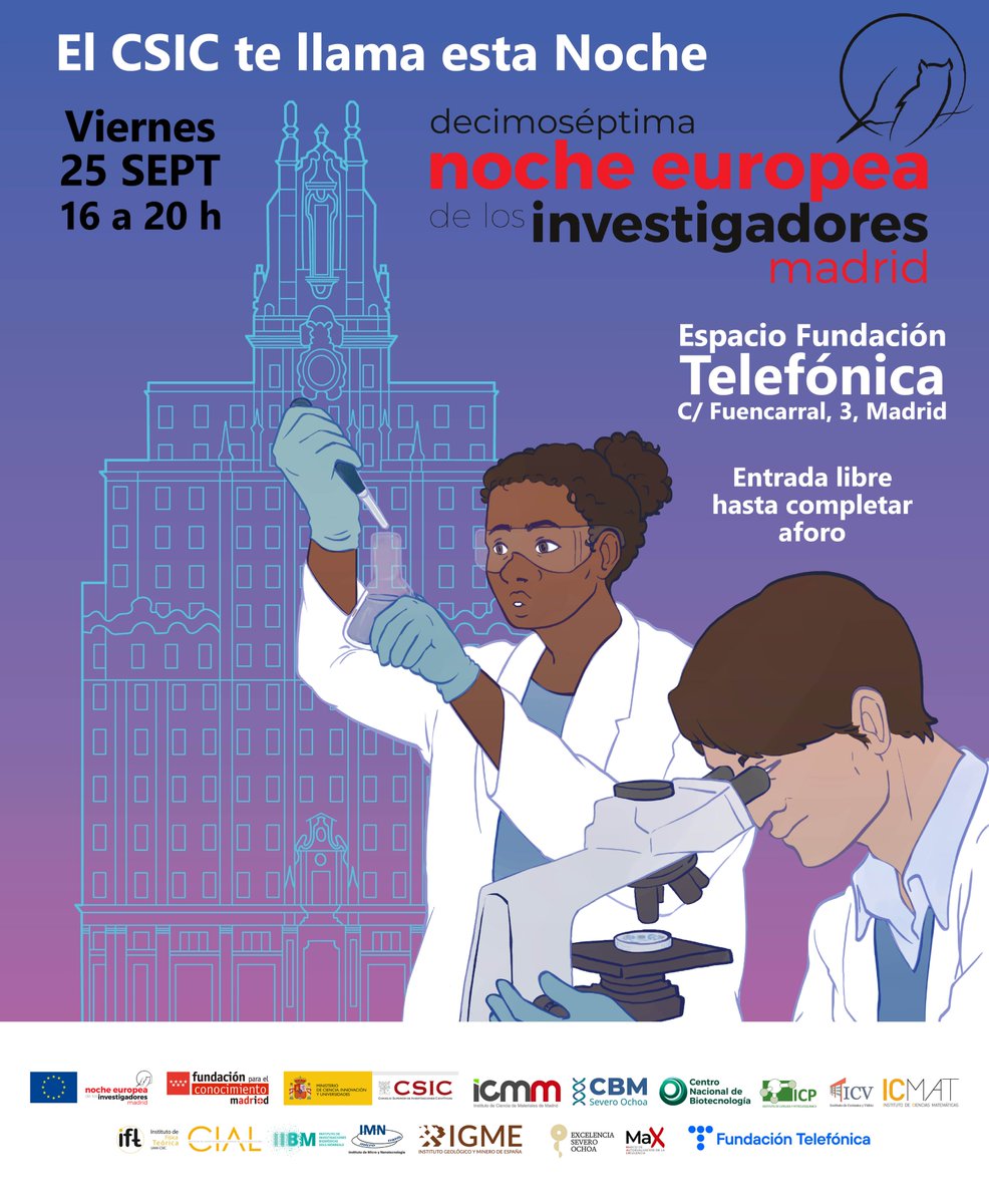 icmm_csic's tweet photo. 🌍¡Volvemos! 

🇪🇺 Llega la #NocheEuropeadelosInvestigadores, el evento de divulgación del año. 

👾Habrá talleres, demostraciones científicas, música en vivo y teatro. 

📅El 25 de septiembre
🕜De 16 a 20 horas
📌En el Espacio Fundación Telefónica
💸¡Entrada libre y sin reserva! https://t.co/aLumvKGCCf