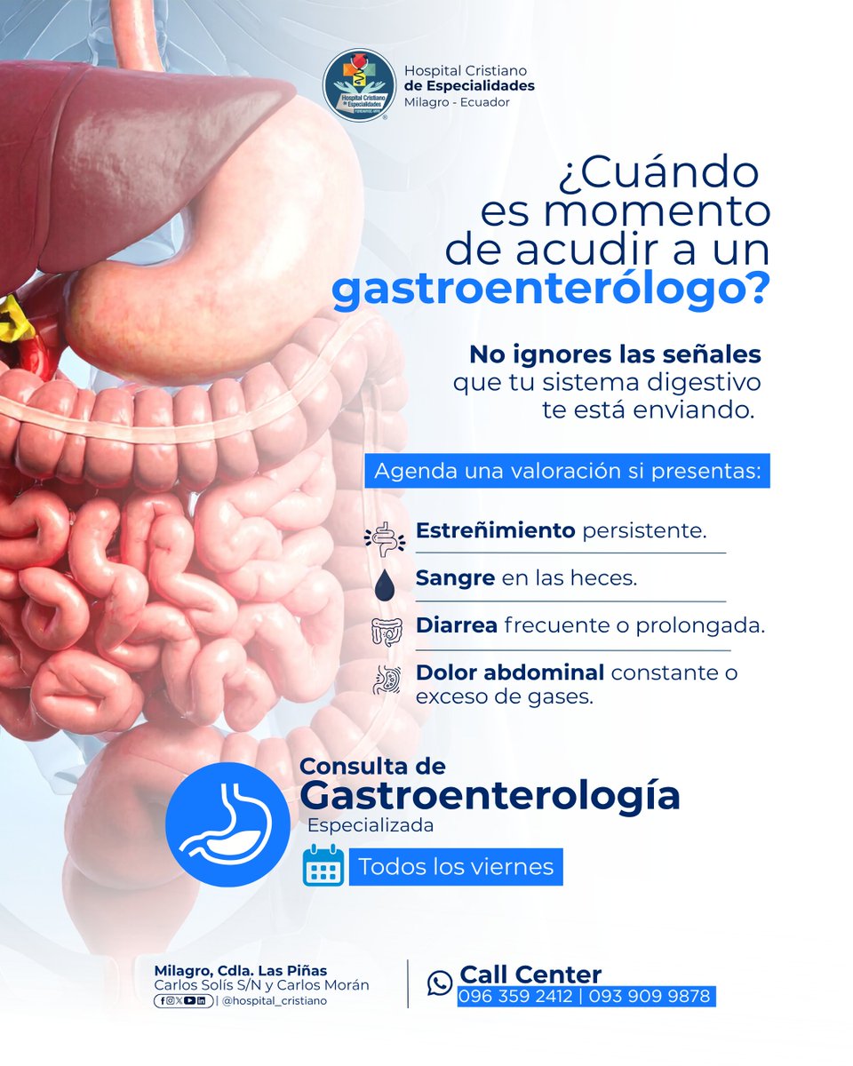 FundamiscHce's tweet photo. 👀 ¿Dolor abdominal, estreñimiento, diarrea frecuente o sangre en las heces?

No ignores estas señales. En HCE contamos con atención especializada en Gastroenterología todos los viernes. 🩺

📲 096 359 2412 | 093 909 9878
#Gastroenterología #SaludDigestiva #Milagro https://t.co/2xO4j5F9vW