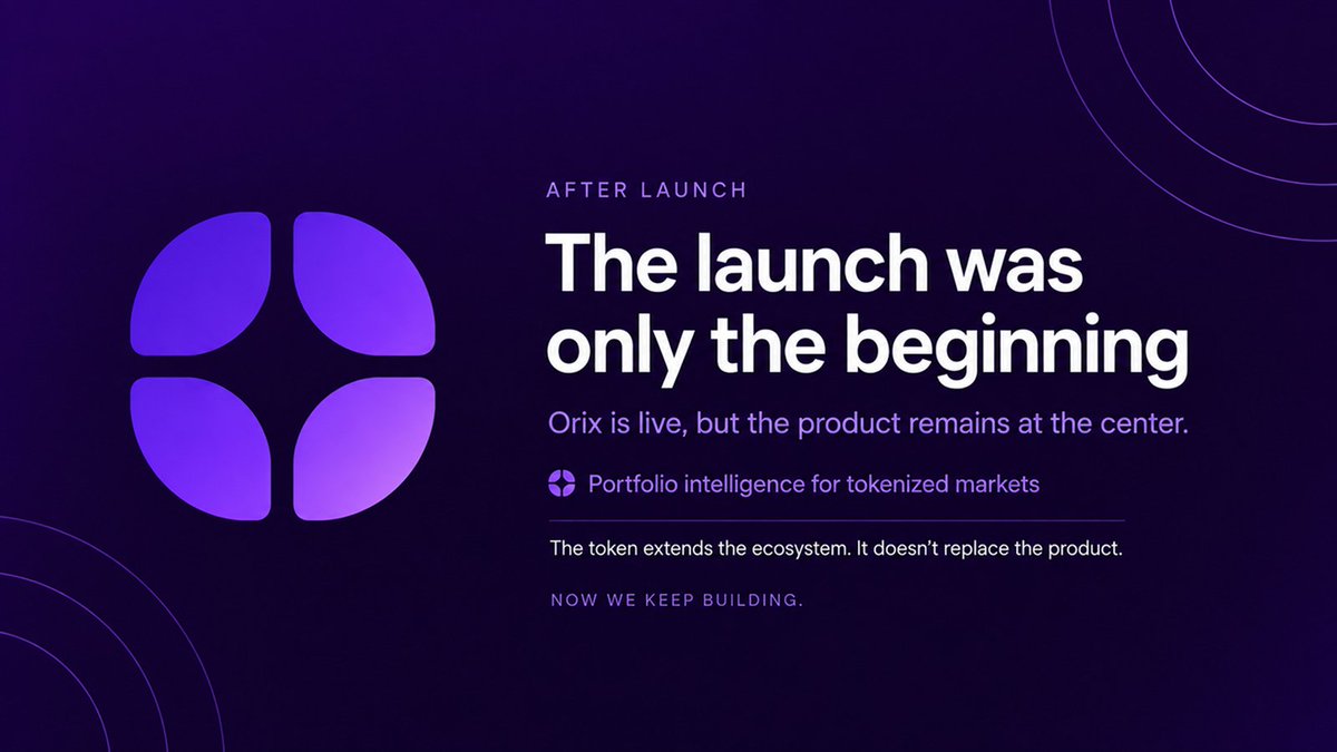 OrixAgent's tweet photo. The launch was only the beginning.

Orix is live, but the product remains at the center.

We’re building a portfolio intelligence layer for tokenized markets, where objective, market context, proposal review, and wallet approval come together in one flow.

The token extends the ecosystem.

It doesn’t replace the product.

Now we keep building.