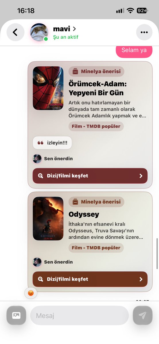 appminelya's tweet photo. Kişiler, mesaj kısmında arama kısmından hesap ya da sohbet arayabilir, ararken sohbet başlatabilir; takip edebilirler.

Harici olarak sohbet içi film/dizi önerileri de yapılabilmektedir. https://t.co/HiUDgSo3yh