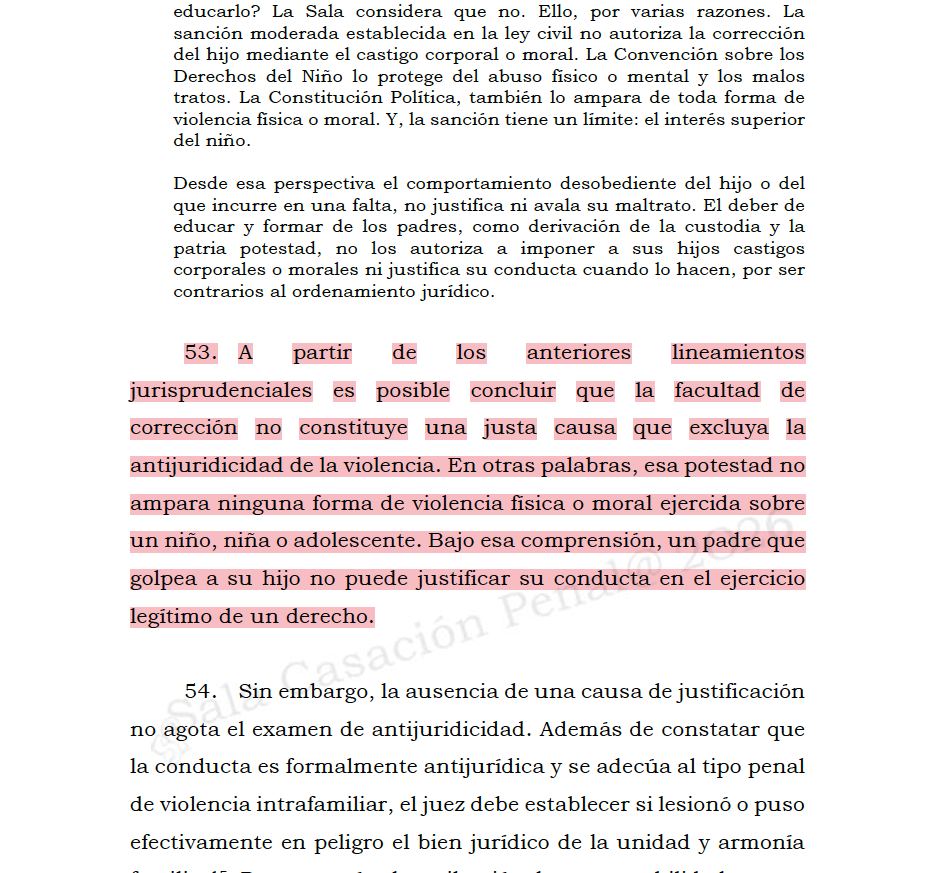 Melovides's tweet photo. ¿El derecho de corrección permite a los padres ejercer violencia física o moral sobre los hijos?

No. Los padres tienen derecho a corregir a sus hijos, pero eso no autoriza de ninguna manera la violencia física o moral ejercida sobre un niño, niña o adolescente.

Consecuente con esto, un padre que golpea a su hijo no puede justificar su conducta en el ejercicio legítimo de un derecho.

Pero, ¿cómo se determina si el padre actuó bien o mal al pretender corregir a su hijo?

Aquí es necesario verificar si la conducta tuvo la entidad suficiente para afectar o poner en peligro el bien jurídico tutelado, que en este caso sería la unidad familiar.

Corte Suprema de Justicia. Sala de Casación Penal. Radicado 61050.