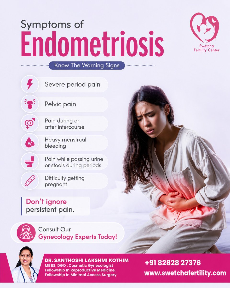 SwetchaHospital's tweet photo. 🌸 Endometriosis is more than just painful periods. 🌸

If you're experiencing severe menstrual pain, pelvic discomfort, heavy bleeding, or difficulty conceiving, it could be a sign of Endometriosis. 

#EndometriosisAwareness #EndometriosisSymptoms https://t.co/Qcpg2Yi1Q7