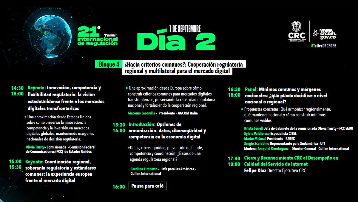 CRCCol's tweet photo. Así va la agenda del Día 2 del #TallerCRC2026: contenidos en múltiples pantallas y cooperación regulatoria regional, cerrando con el Reconocimiento CRC. Sigue el Taller en vivo desde las 9 a.m. https://t.co/5L5SYESajX https://t.co/oAsoFOYipu
