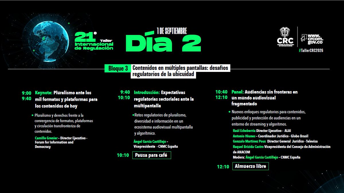 CRCCol's tweet photo. Así va la agenda del Día 2 del #TallerCRC2026: contenidos en múltiples pantallas y cooperación regulatoria regional, cerrando con el Reconocimiento CRC. Sigue el Taller en vivo desde las 9 a.m. https://t.co/5L5SYESajX https://t.co/oAsoFOYipu