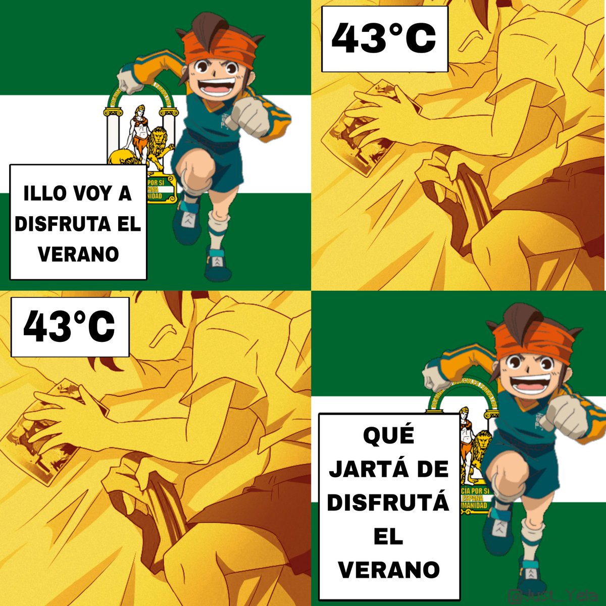 Just_Yela's tweet photo. Se acaba el verano mi hente, he inazuma eleveneado el meme para concienciar. https://t.co/KkfhEPoYsU