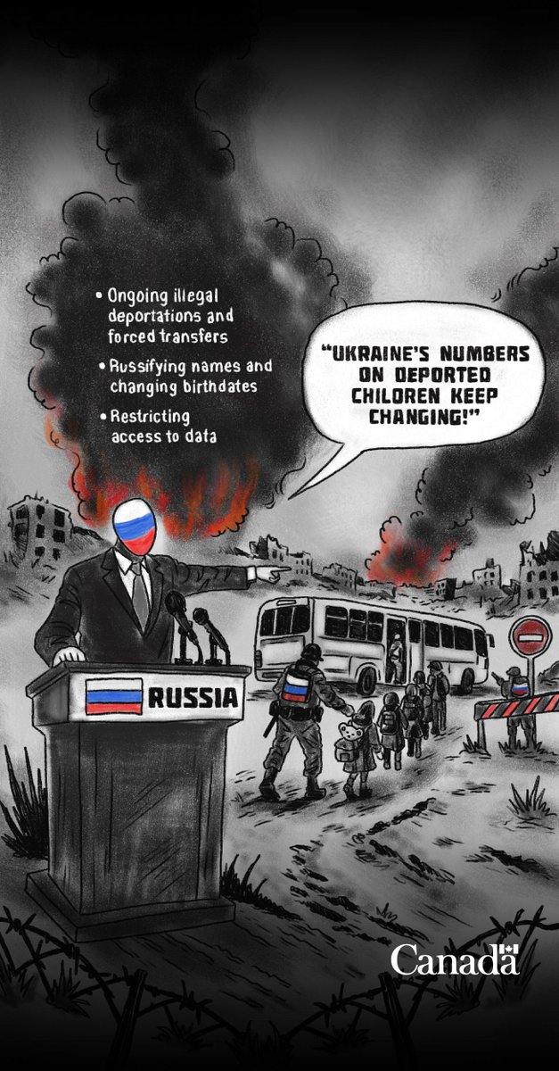 CanadaFP's tweet photo. Russia says Ukraine’s figures on deported children are unreliable.

Also Russia:
– Continues illegal deportations and forced transfers
– Russifies identities and records
– Limits access to data

The numbers change because Russia is still taking Ukrainian children.

#BringKidsBack https://t.co/Z7SURMXsew