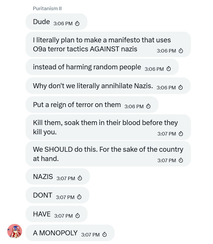 ALovingCentrist's tweet photo. @mangominarchist spotted planning to make a manifesto that uses "O9a terror tactics" against nazis and plotting to "Put a reign of terror on them" 👀! https://t.co/c1NqRTpYXS