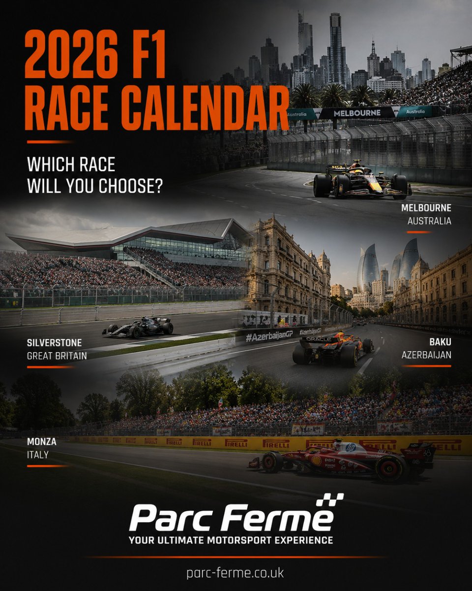 TimSpethlv's tweet photo. Which 2026 Grand Prix is calling your name? Every Formula 1 destination offers a unique experience, from Melbourne’s atmosphere and Silverstone’s passionate crowd to Baku’s historic streets and Monza’s legendary speed. Parc Fermé can help make your https://t.co/JWeGA2miOk