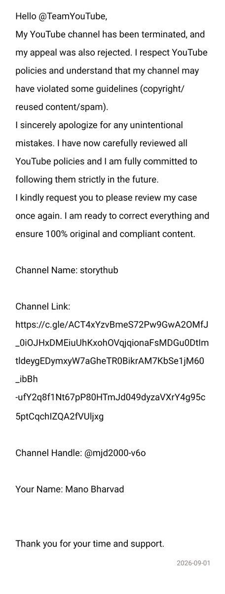 MasalaNew's tweet photo. Hello @TeamYouTube,

My channel was terminated and my appeal was rejected. I respect YouTube policies and apologize for my mistakes.

Please review my case again. I will follow all policies and provide original content.

Thank you. https://t.co/5lHYATWaJf
