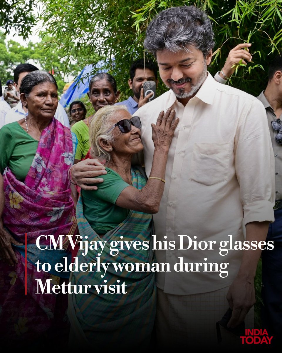 IndiaToday's tweet photo. A pair of Christian Dior glasses became an unexpected keepsake for an elderly woman during Tamil Nadu Chief Minister C Joseph Vijay’s visit to Mettur on Tuesday.

Vijay had arrived in Salem district to open the gates of the Mettur Dam and release water for Samba cultivation in the Cauvery Delta. Samba is a major paddy crop grown in Tamil Nadu.

#JosephVijay #TamilNaduCM #Mettur | @anaghakesav 

Read More: https://t.co/EAblUgg9ro