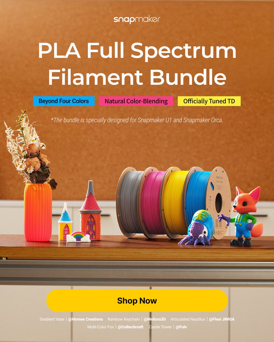 snapmaker's tweet photo. A Whole New Color Palette 🎨
Meet the PLA Full Spectrum Filament Bundle, specially designed for Snapmaker U1 and Snapmaker Orca.

Shop the PLA Full Spectrum Filament Bundle.
🛒 US Store: https://t.co/noFnLHdpjx
🛒 EU Store: https://t.co/VJ2QzsvfBC
🛒 Global Store: https://t.co/qGWq36qaY6

Want to try Full Spectrum 3D Printing?
Download Snapmaker Orca V2.3.6: https://t.co/jVOoJeji3p

🎁 GIVEAWAY TIME 🎁
We're giving away the PLA Full Spectrum Filament Bundle to 5 winners across Instagram, Facebook & X.
✅️ Follow @snapmaker 
✅️ Like & Repost this post ❤️
✅️ Comment which blended color you'd like to print first & Tag your friends 🌈👇
📅 Winners announced on Sep 8

#SnapmakerU1 #FullSpectrum #Filament #3DPrinting