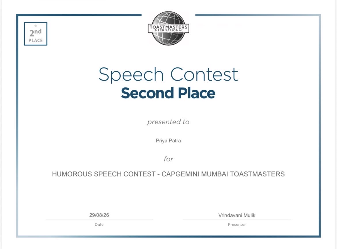 priyaPatra's tweet photo. Podium finish x2 🏆🏆
Humorous Speech + Evaluation Speech at my Toastmasters club contest.

Turns out you can bring the laughs and the encouragement in the same breath.

#Toastmasters #PublicSpeaking https://t.co/SKzOzTDPCb