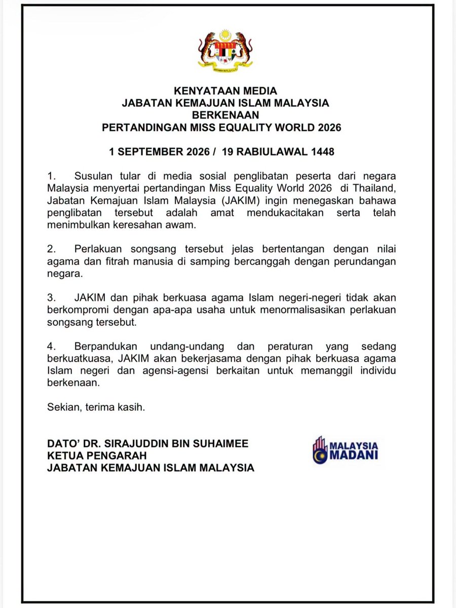 NewsBFM's tweet photo. JAKIM will summon an individual accused of representing Malaysia at the Miss Equality World 2026 transgender beauty pageant in Bangkok last Sunday after footage of the event circulated online.

"Perlakuan songsang itu jelas bertentangan dengan nilai agama dan fitrah manusia selain bercanggah dengan perundangan negara," it said.

🧵1