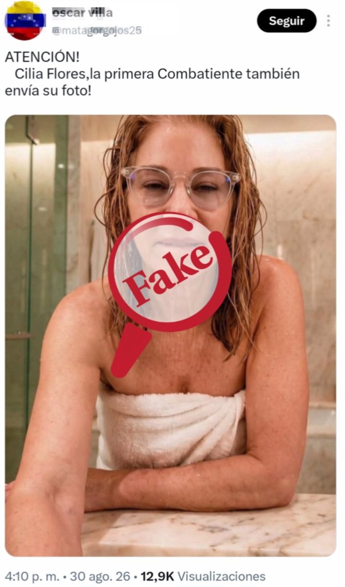 ObservatorioFN's tweet photo. ❌ #FAKE. Cilia Flores no publicó una fotografía en toalla desde la cárcel.
👀 La imagen compartida en #RRSS muestra anomalías típicas de contenidos que son generados con inteligencia artificial.
La revisión documental confirma que no existen registros en las cuentas oficiales del gobierno venezolano o en las redes de Flores que contengan este archivo.
Las fotografías han sido difundidas exclusivamente por cuentas anónimas dedicas a compartir publicaciones sarcásticas o desinformativas.