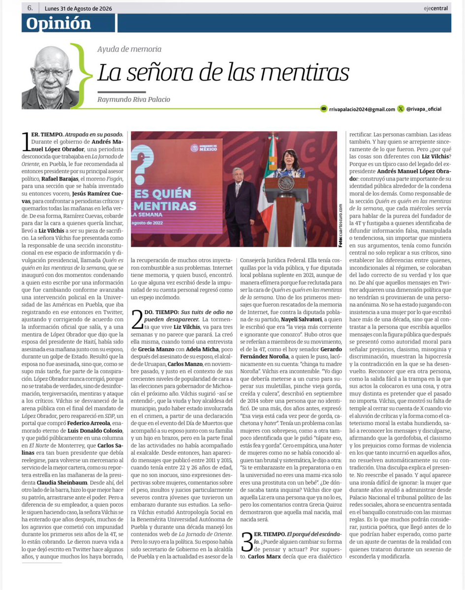 fisgonmonero's tweet photo. Miente por sistema @rivapa. Dice que yo fui "principal asesor" de AMLO y que recomendé a Liz Vilchis para las mañaneras. Hubiera sido un honor, pero es falso (yo ni conocía a Liz).
Tiene más sustento la versión de que @riva es un sicario digital menor al servicio de la @USAmbMex. https://t.co/dG9y1i1Gar
