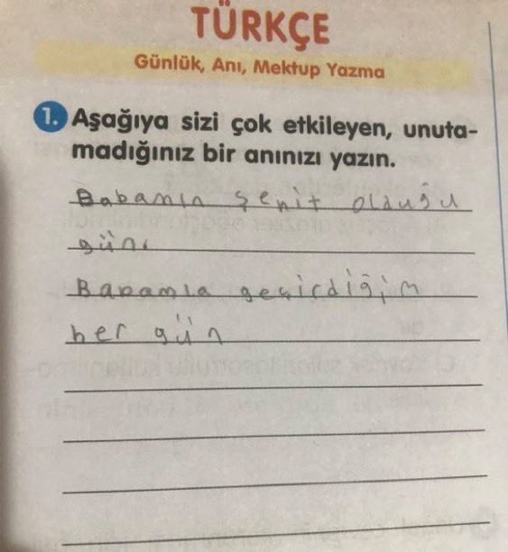 TurkcuPaylasim's tweet photo. 🇹🇷Şehit Özel Harekat Polisimiz Nurettin Ademoğlu’nun kızı Zeynep’in ders kitabına yazdığı yazı... https://t.co/Aa1NHrsZ0h