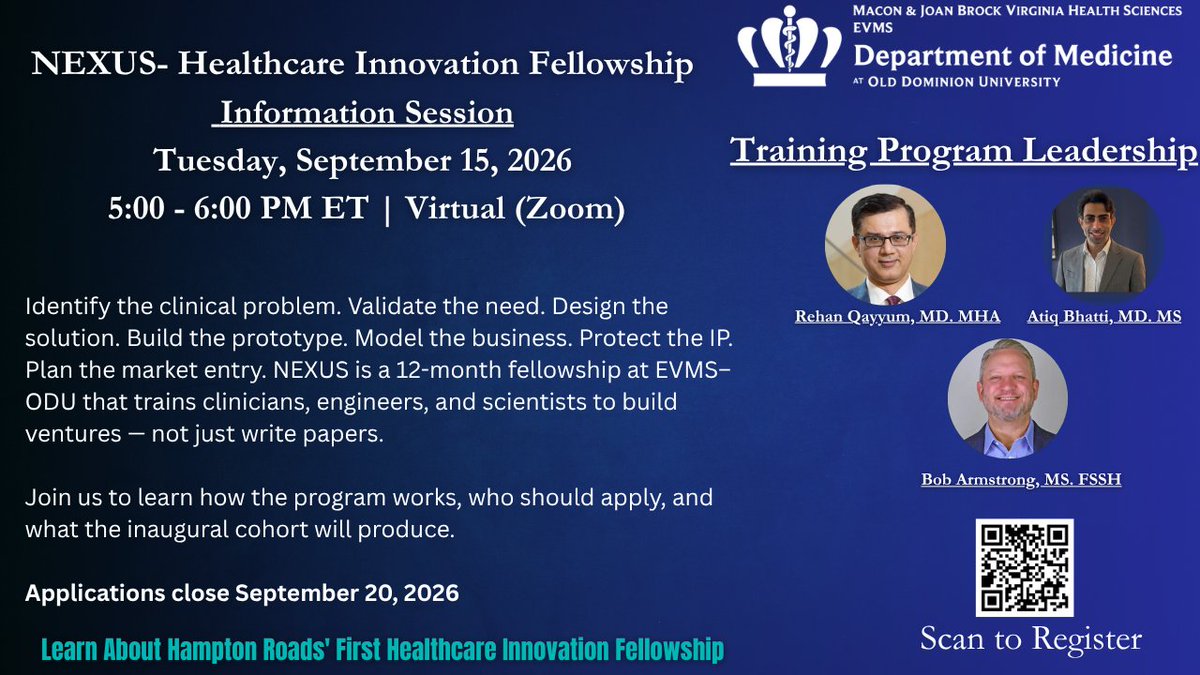 EVMSMedicine's tweet photo. The best medical devices don't start in a lab. They start with a clinician thinking, "there has to be a better way."

NEXUS at EVMS–ODU teaches you what to do next.

Info session Sept 15 | 5 PM ET
🔗 https://t.co/Nwgz6uf1AJ
#MedTech #EVMS #ODU https://t.co/iJZzD8TEAE