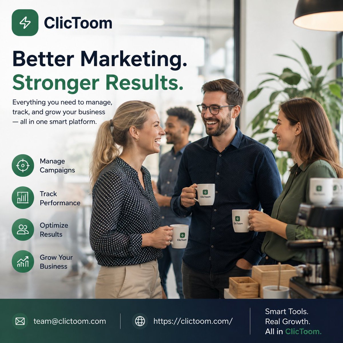 clictoomcom's tweet photo. 🚀 Better Marketing. Stronger Results.
 With ClicToom, manage campaigns, track performance, optimize results, and grow your business—all from one smart platform.
🌐 Website: https://t.co/xpG0XCgQb7
📧 Email: team@clictoom.com
#ClicToom #DigitalMarketing #MarketingAutomation https://t.co/ZvJ5Bh2Kbv