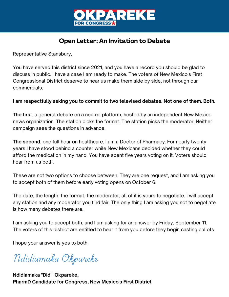 DidiForCongress's tweet photo. I just challenged Melanie Stansbury to two debates.

The first, a general debate on a neutral platform. The second, one full hour on healthcare.

I gave her until Friday, September 11 to answer. Early voting opens October 6, and voters are entitled to know where she stands before they cast a ballot.

Share this so she cannot say nobody asked.