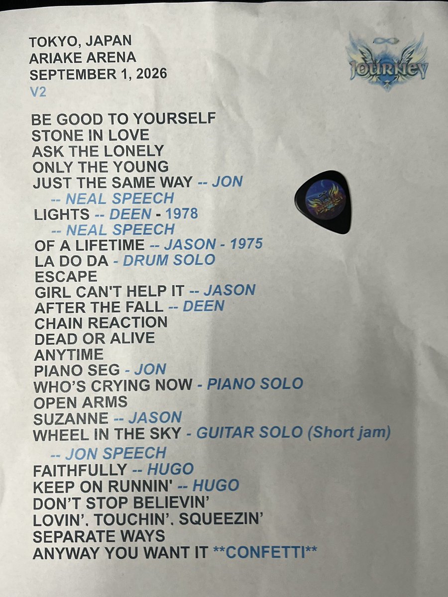 tatsurocker's tweet photo. ヒット曲のオンパレードの素晴らしいライヴ。
本当Steve Perryによく似てたなぁ😄
セトリとNeal Schonのピックをゲットできたのは幸運でした。ピックはお宝だぁ👍

#JOURNEY https://t.co/vzJ06BTmJH