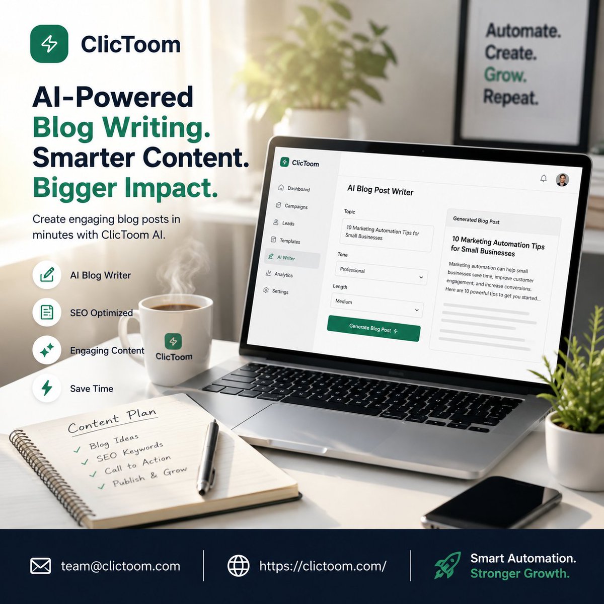 clictoomcom's tweet photo. ☕✨ Create Better Content with ClicToom!
Turn your ideas into engaging blog content faster with AI-powered writing tools.🚀
🌐 Website: https://t.co/xpG0XCgilz
📧 Email: team@clictoom.com
#ClicToom #AIContent #ContentCreation #AIWriting #BlogWriting #MarketingAutomation https://t.co/SLcOyCehPF