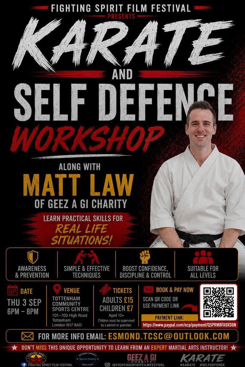 FSFilmFestival's tweet photo. Fighting Spirit Film Festival 2026 Presents  Karate Self Defence Workshop For the Community by Matt Law of Geez A Gi 

#fsff2026 #fsff #fightingspiritfilmfestival #tottenhamcommunitycentre #mattlaw #geezagi #karate #selfdefence https://t.co/dtathibSMx