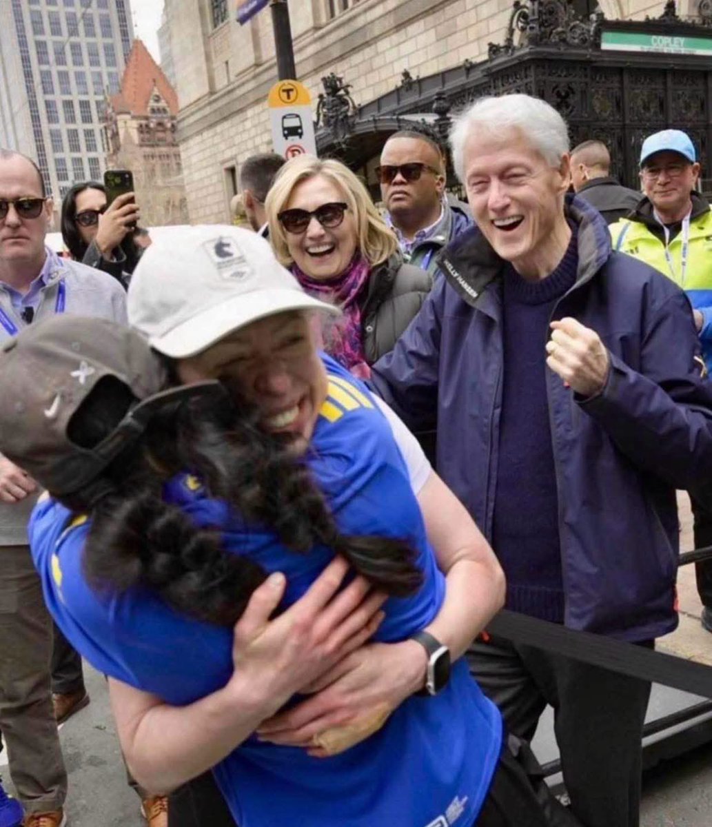 Gianl1974's tweet photo. THIS photo EXUDES joy — and the story behind it is deeper than you think… 💙

Sure, on its face, it’s a shot of two loving parents cheering on their daughter as she crosses the Boston Marathon finish line.

(Chelsea Clinton ran the 2026 race in 3:40, which — anyone who’s run 26.2 knows — is an AMAZING time.)

But this single shot also encapsulates the Clinton family values: 

✅ Setting a goal and working towards it.
✅ Never taking the easy way because you could.

Like the Trump kids, Chelsea’s had a lot of luck in life — but, UNLIKE the Trumps, she recognizes it, and uses her position of power to elevate others.

She ran the marathon for charity, by the way.

In a world of Trumps, be a Clinton.
A FEMALE Clinton.